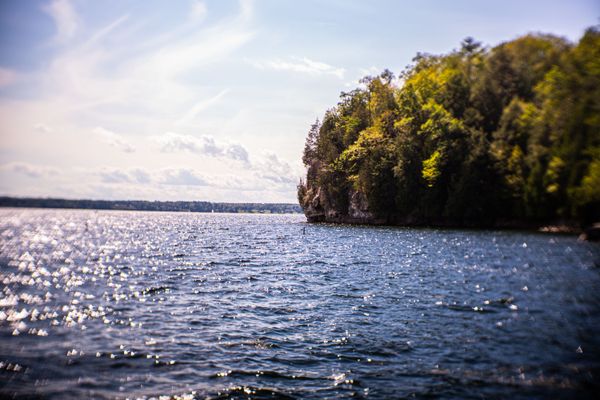 A forested point of land reaching out into Lake Champlain.