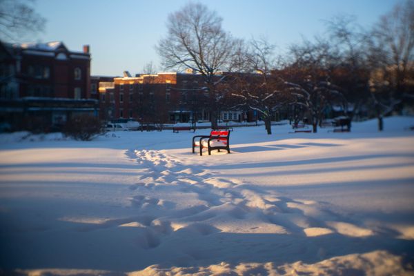 A red park bench in the snow.